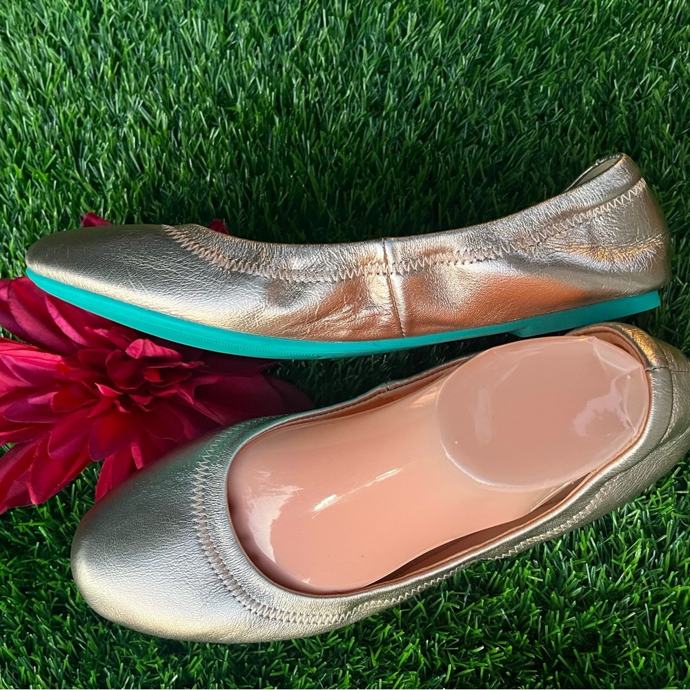 OZZPTC ROSE GOLD FOLDING ELASTIC LEATHER FLATS TEAL SOLE COMFORTABLE 10.5